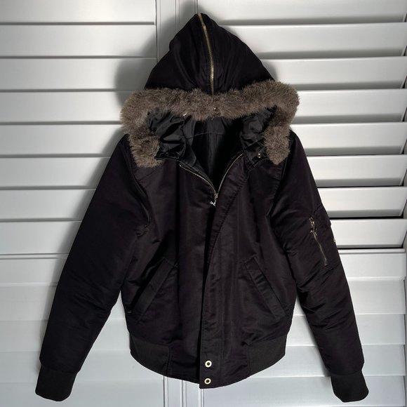 Black Puma Bomber Faux Fur Hooded Moto style Jacket Sized Large - Picture 2 of 14
